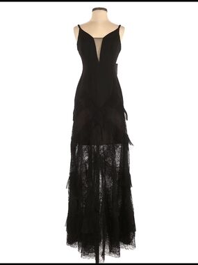 BCBGMaxAzria Black Lace Tiered Maxi Gown with Plunge Neck